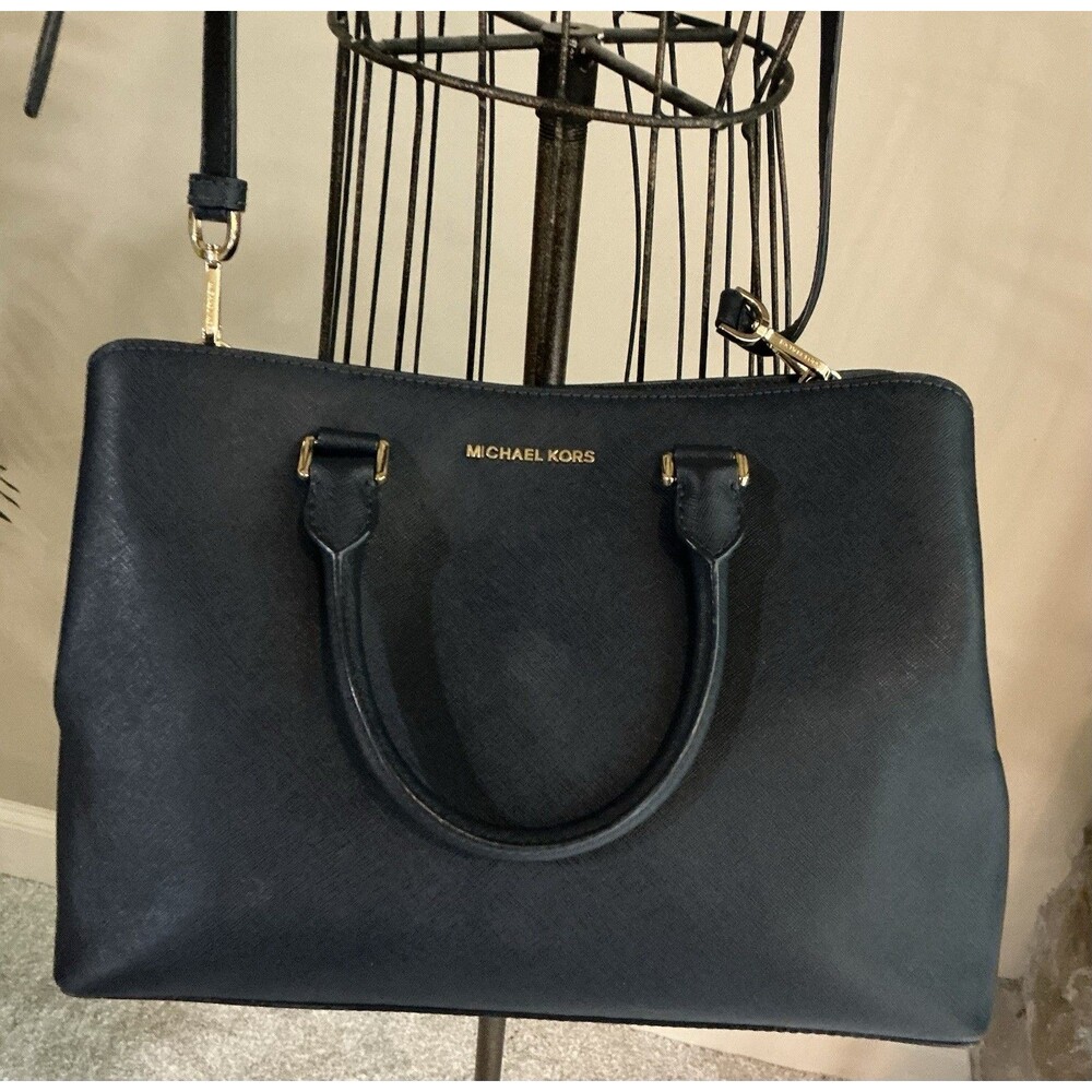 Michael Kors Savannah Navy Saffiano Leather Satchel Gold Hardware Handbag EUC